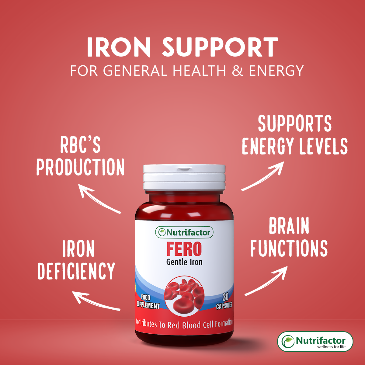Nutrifactor Fero Iron Tablets with Vitamin C, B12 & Folic Acid – Iron Supplements for Women & Men