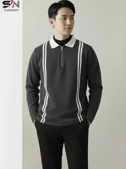 Old Money Stripe Zipper Polo Sweat – Stylish Casual Polo for Boys & Men