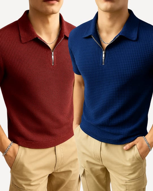 The Vintage Clothing Pack of 2 Trendy Waffle Knit Polo Shirts For Men